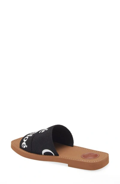 Chloé Woody Flat Logo Ribbon Slide Sandals In Black