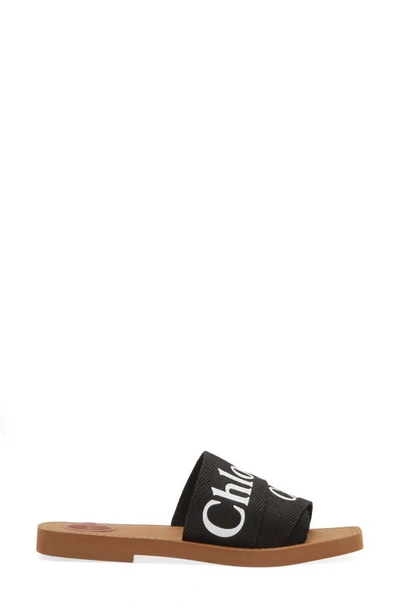 Chloé Woody Flat Logo Ribbon Slide Sandals In Black