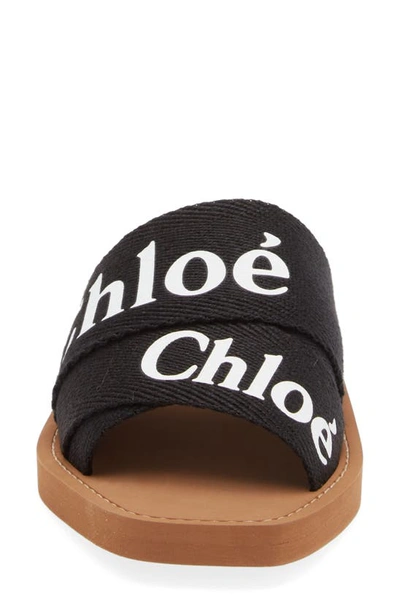 Chloé Woody Flat Logo Ribbon Slide Sandals In Black