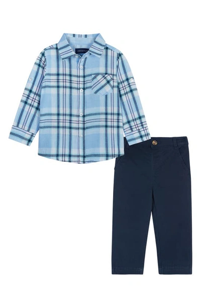 Shop Andy & Evan Plaid Cotton Button-up Shirt & Pants Set In Light Blue Plaid