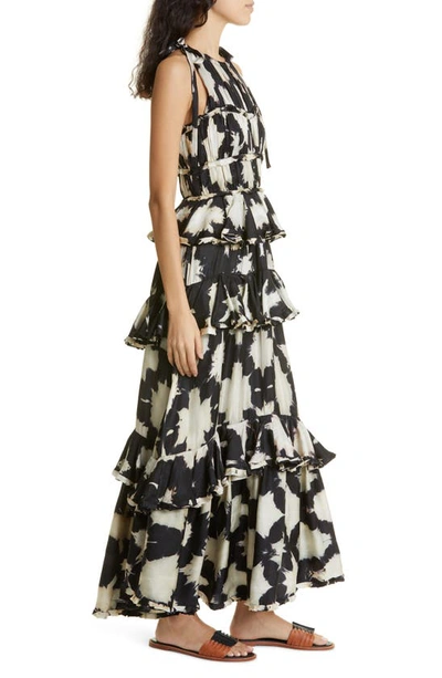 Shop Ulla Johnson Serafina Floral Tiered Silk Gown In Noir Blur