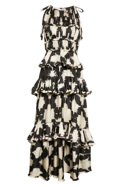 Shop Ulla Johnson Serafina Floral Tiered Silk Gown In Noir Blur