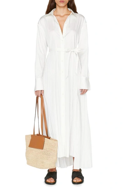 Shop Frame Pleated High-low Stretch Cotton Shirtdress In Blanc