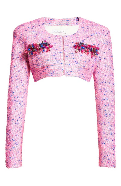 Shop Area Grape Embellished Crop Bouclé Tweed Jacket In Fuchsia Multi