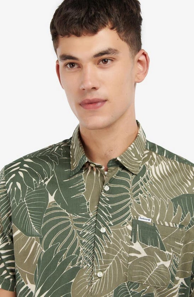 Shop Barbour Cornwall Leaf Print Short Sleeve Button-up Shirt In Olive