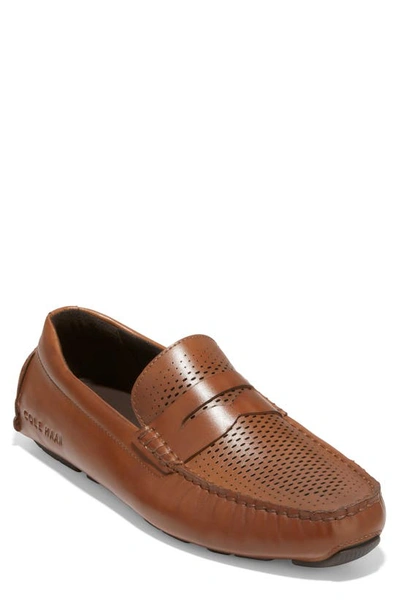 Shop Cole Haan Grand Laser Driving Penny Loafer In British Tan/ Java