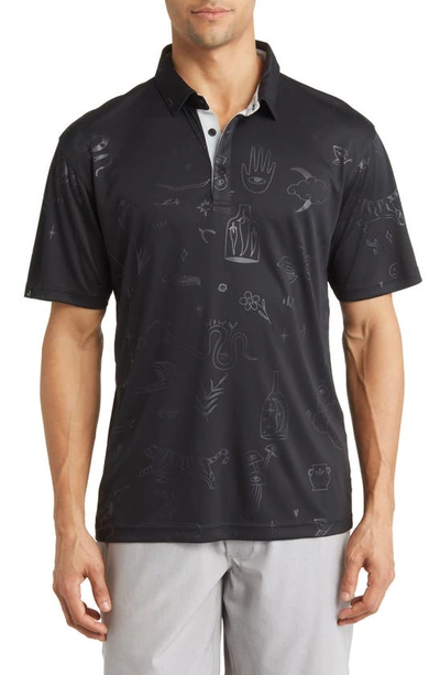 Shop Swannies Brock Doodle Print Piqué Golf Polo In Black-fog