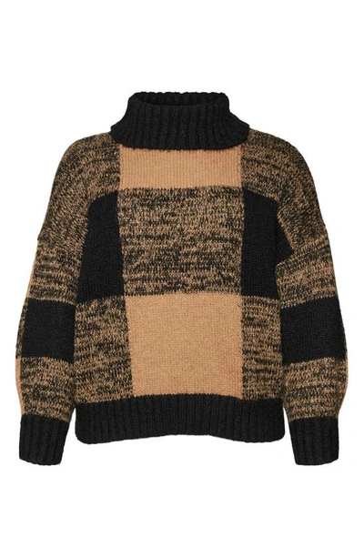 Shop Vero Moda Curve Marled Check Mock Neck Sweater In Tigers Eye/ Black Checks