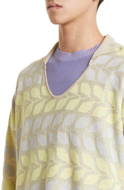 Shop Ranra Skjoni Linen & Cotton Jacquard Polo Sweater In Beige/ Banana