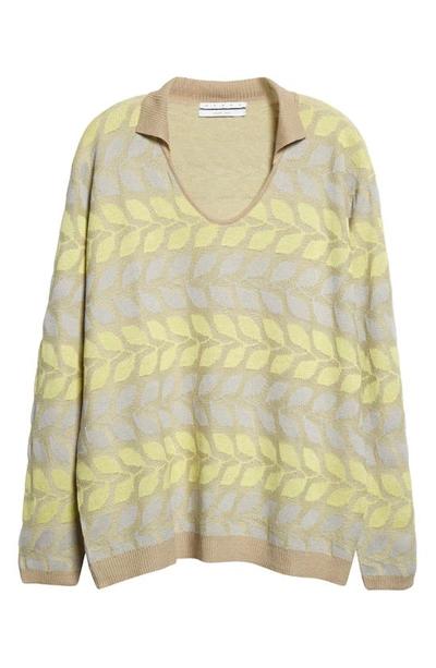 Shop Ranra Skjoni Linen & Cotton Jacquard Polo Sweater In Beige/ Banana