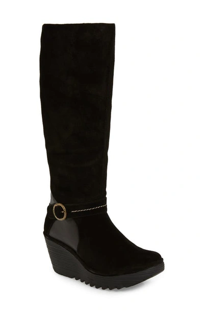 Fly London Yavu Knee High Boot In Black Suede