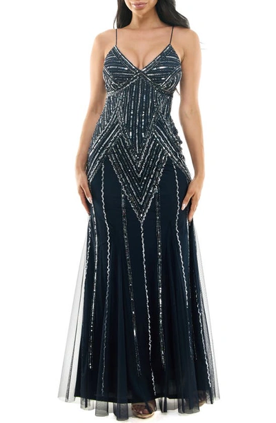 Shop Jump Apparel Beaded Chiffon Gown In Navy