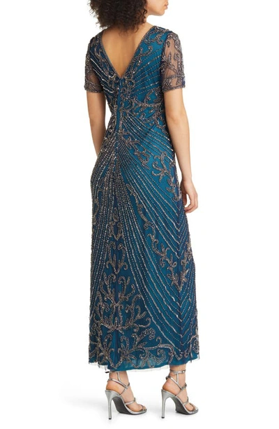 Shop Pisarro Nights Illusion Beaded Mesh Column Gown In Cobalt