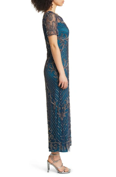 Shop Pisarro Nights Illusion Beaded Mesh Column Gown In Cobalt