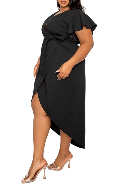 Shop Buxom Couture Flutter Sleeve High-low Faux Wrap Dress In Black