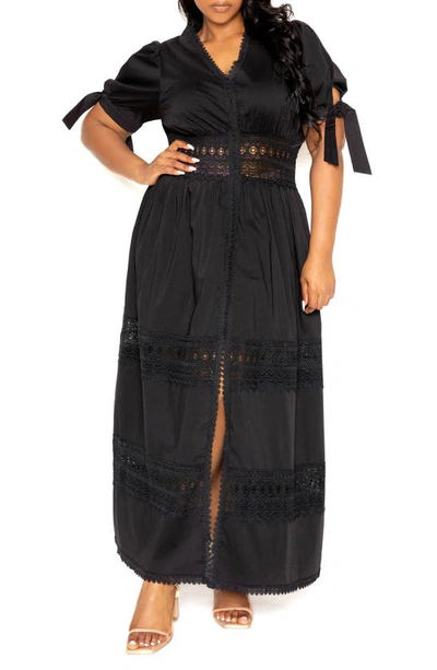 Shop Buxom Couture Eyelet Embroidered Puff Sleeve Maxi Dress In Black