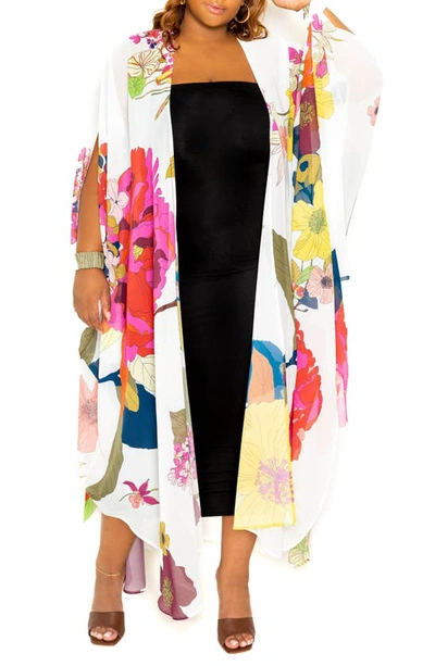 Shop Buxom Couture Floral Print Open Front Duster In White Multi