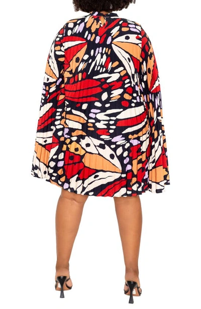 Buxom Couture Butterfly Print Pleated Cape Minidress In Rust Multi