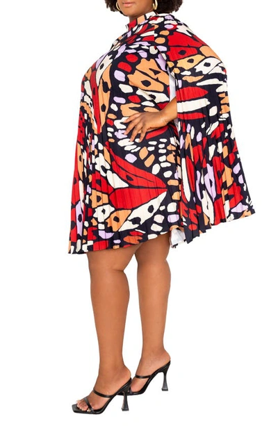 Buxom Couture Butterfly Print Pleated Cape Minidress In Rust Multi