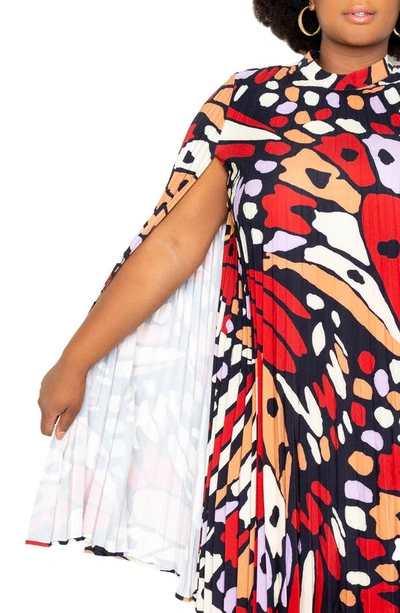 Buxom Couture Butterfly Print Pleated Cape Minidress In Rust Multi