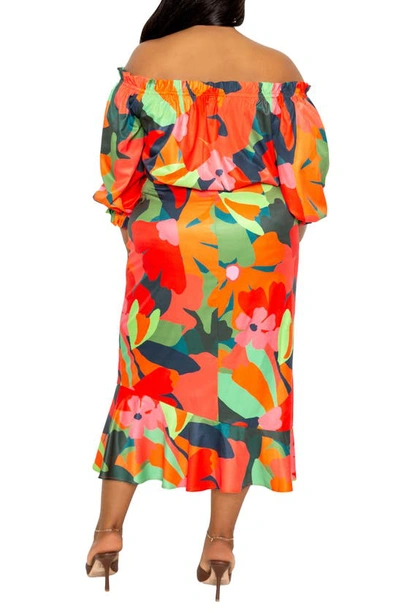 Shop Buxom Couture Floral Off-the-shoulder Fit & Flare Dress In Orange Multi