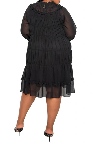 Shop Buxom Couture Ruched Tiered Long Sleeve Minidress In Black