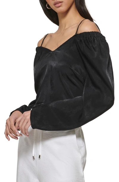 Shop Dkny Off The Shoulder Puff Sleeve Linen Top In Black