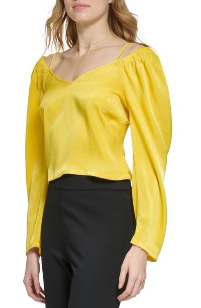 Shop Dkny Off The Shoulder Puff Sleeve Linen Top In Pop Yellow