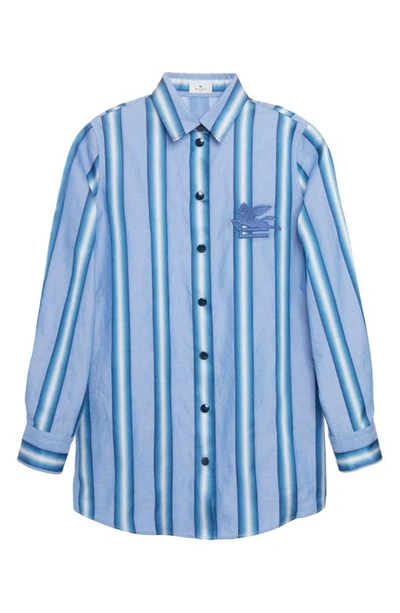 Shop Etro Stripe Embroidered Pegasus Cotton Blend Shirt In Blue 400
