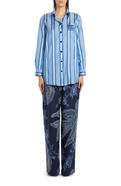 Shop Etro Stripe Embroidered Pegasus Cotton Blend Shirt In Blue 400