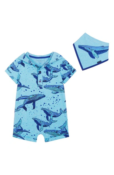 Shop Andy & Evan Whale Print Hooded Romper & Bib Set In Blue Whales