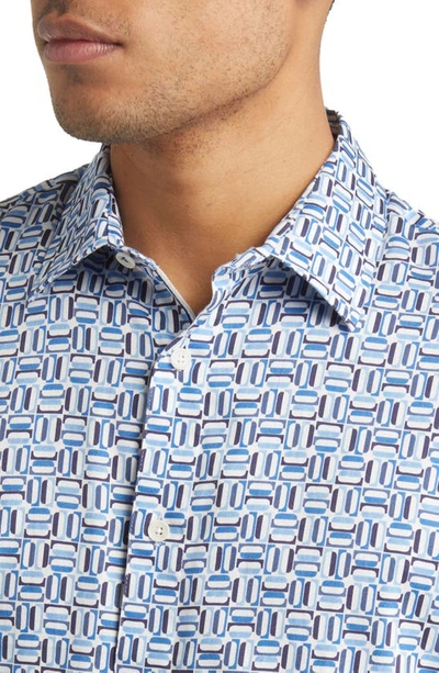 Shop Ted Baker Astun Regular Fit Geometric Print Stretch Short Sleeve Button-up Shirt In Blue