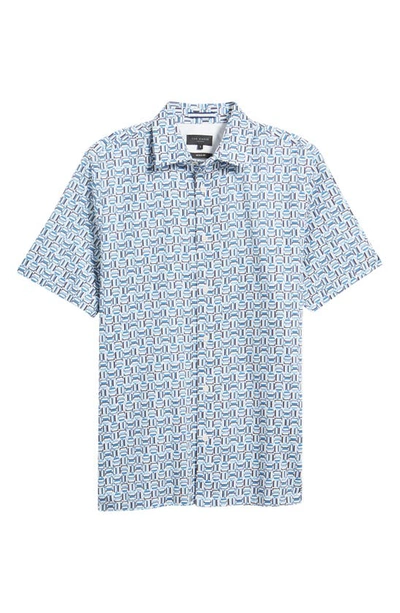 Shop Ted Baker Astun Regular Fit Geometric Print Stretch Short Sleeve Button-up Shirt In Blue