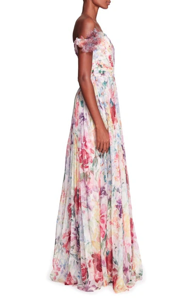 Shop Marchesa Notte Aquarelle Floral Pleated Off The Shoulder Chiffon Gown In Ivory Multi