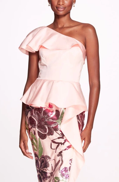 Shop Marchesa Notte Sparkling Duchess Floral Sequin One-shoulder Midi Dress In Blush Multi