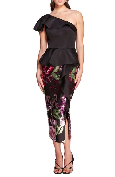 Shop Marchesa Notte Sparkling Duchess Floral Sequin One-shoulder Midi Dress In Black Multi