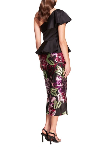 Shop Marchesa Notte Sparkling Duchess Floral Sequin One-shoulder Midi Dress In Black Multi