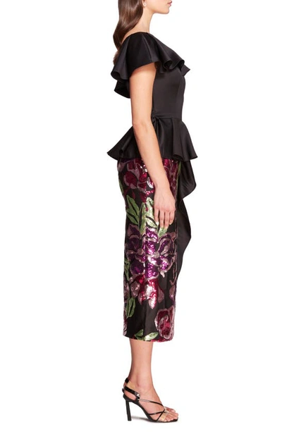 Shop Marchesa Notte Sparkling Duchess Floral Sequin One-shoulder Midi Dress In Black Multi