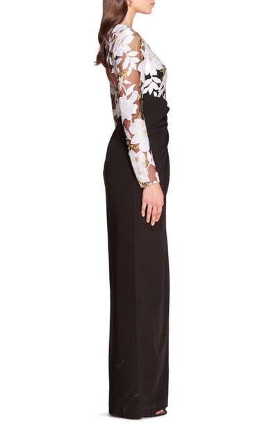 Shop Marchesa Notte Wild Botanical Embroidered Long Sleeve Dress In Black
