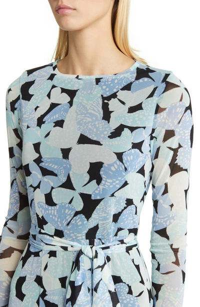 Anne Klein Butterfly Print Long Sleeve Dress In Shore Blue Multi -