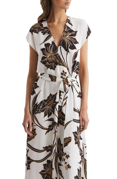 Shop Reiss Harper Floral Tie Waist Midi Dress In Black/ White