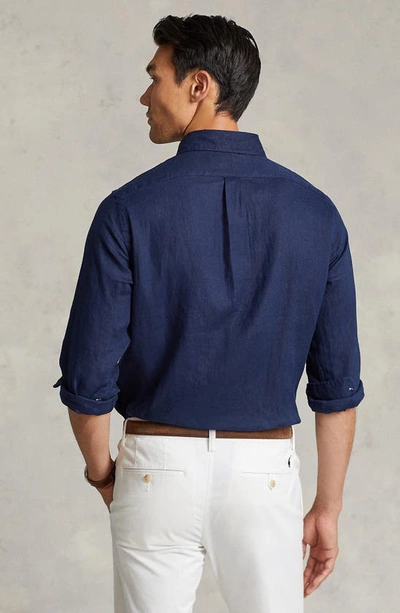 Shop Polo Ralph Lauren Slim Fit Linen Button-down Shirt In Newport Navy