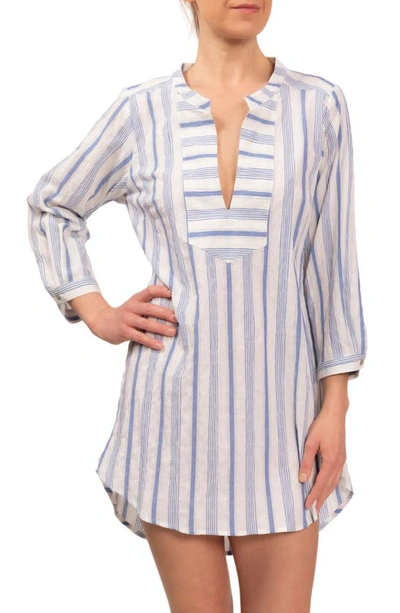 Shop Everyday Ritual Hailey Stripe Cotton Pajama Tunic In Blueberry Stripe