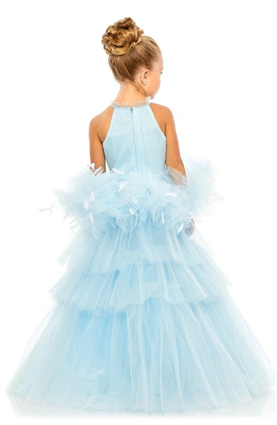 Shop Mac Duggal Kids' Feather Embellished Tiered Tulle Party Dress In Ice Blue