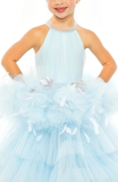Shop Mac Duggal Kids' Feather Embellished Tiered Tulle Party Dress In Ice Blue