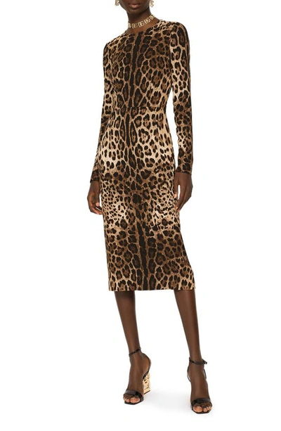 Shop Dolce & Gabbana Leopard Print Long Sleeve Sheath Dress In Light Brown