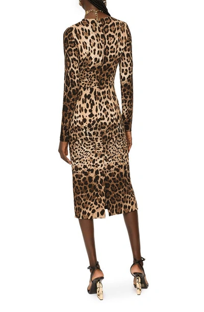 Shop Dolce & Gabbana Leopard Print Long Sleeve Sheath Dress In Light Brown