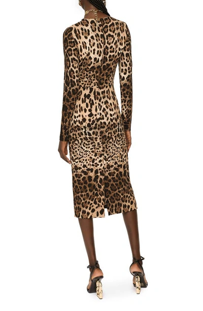 Dolce & Gabbana Leopard Print Long Sleeve Cady Midi Dress In Light Brown