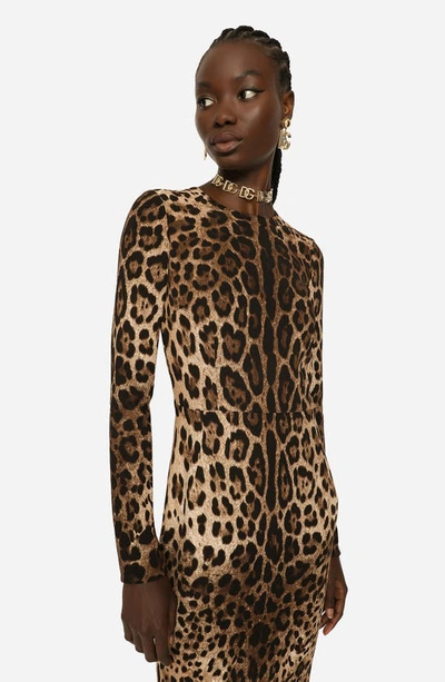 Shop Dolce & Gabbana Leopard Print Long Sleeve Sheath Dress In Light Brown