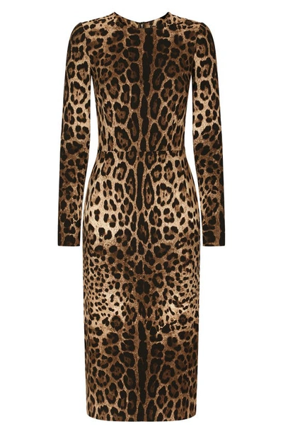 Shop Dolce & Gabbana Leopard Print Long Sleeve Sheath Dress In Light Brown